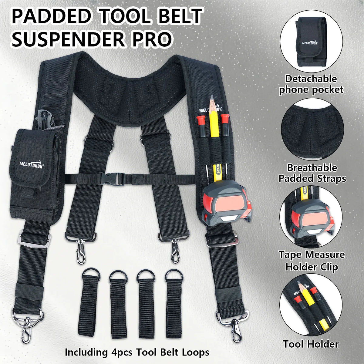 Black padded tool belt suspender featuring detachable phone pocket and tool holder clips
