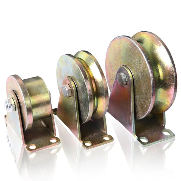 Three stainless steel hardware caster track wheels shown in various angles and finishes.