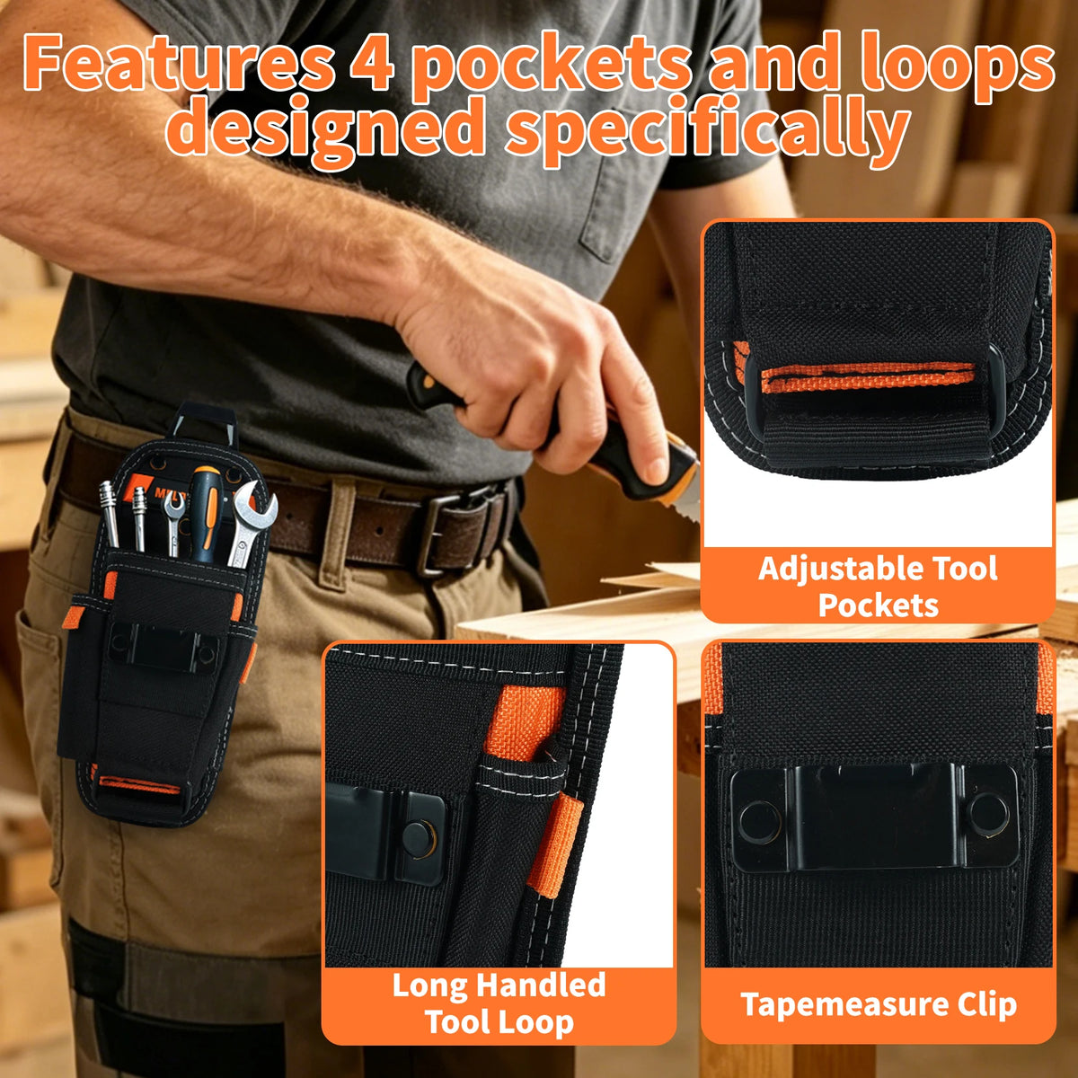 A black tool pouch with four pockets and a long handled tool loop is shown on a person's belt.