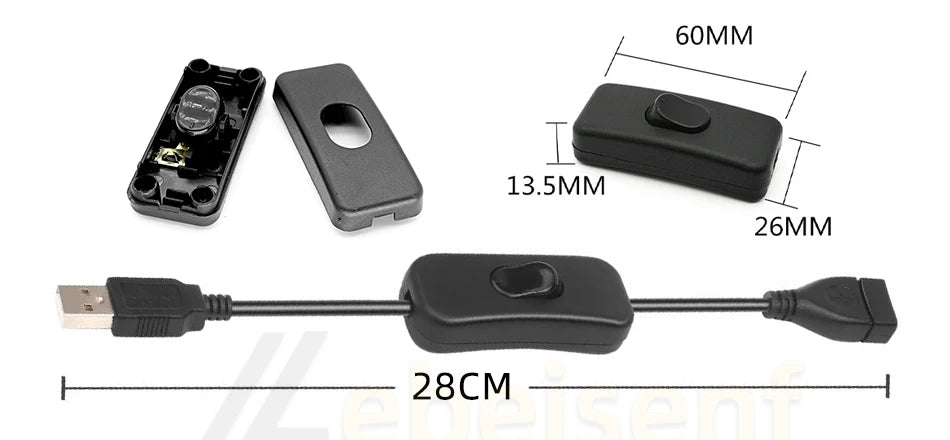 A black USB to DC LED controller cable featuring an adjustable switch and various connector ends.