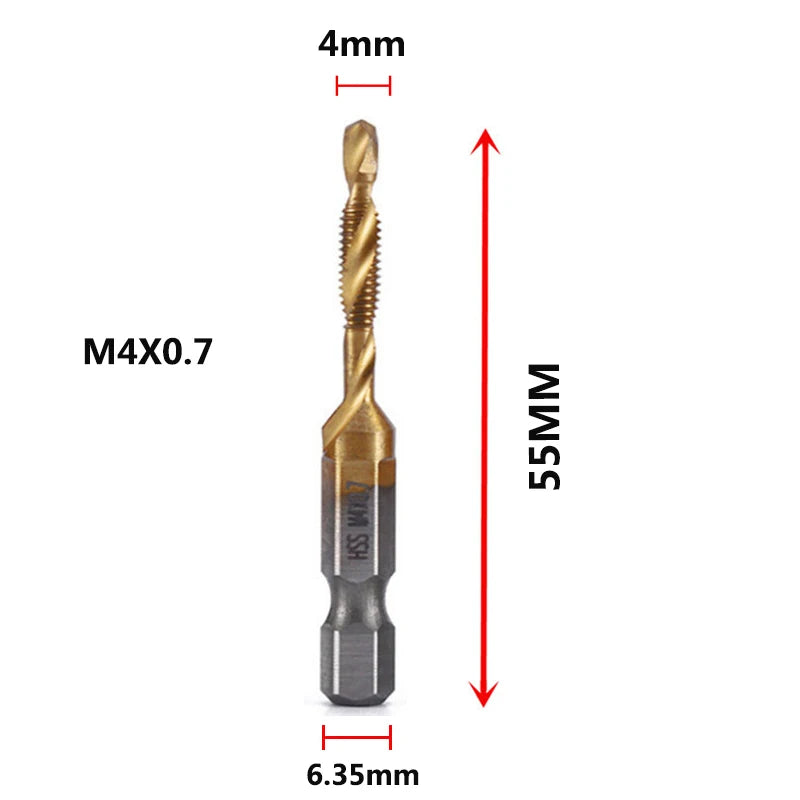 A long M4x0.7 tap and drill bit with a 4mm length and 55mm overall dimension.