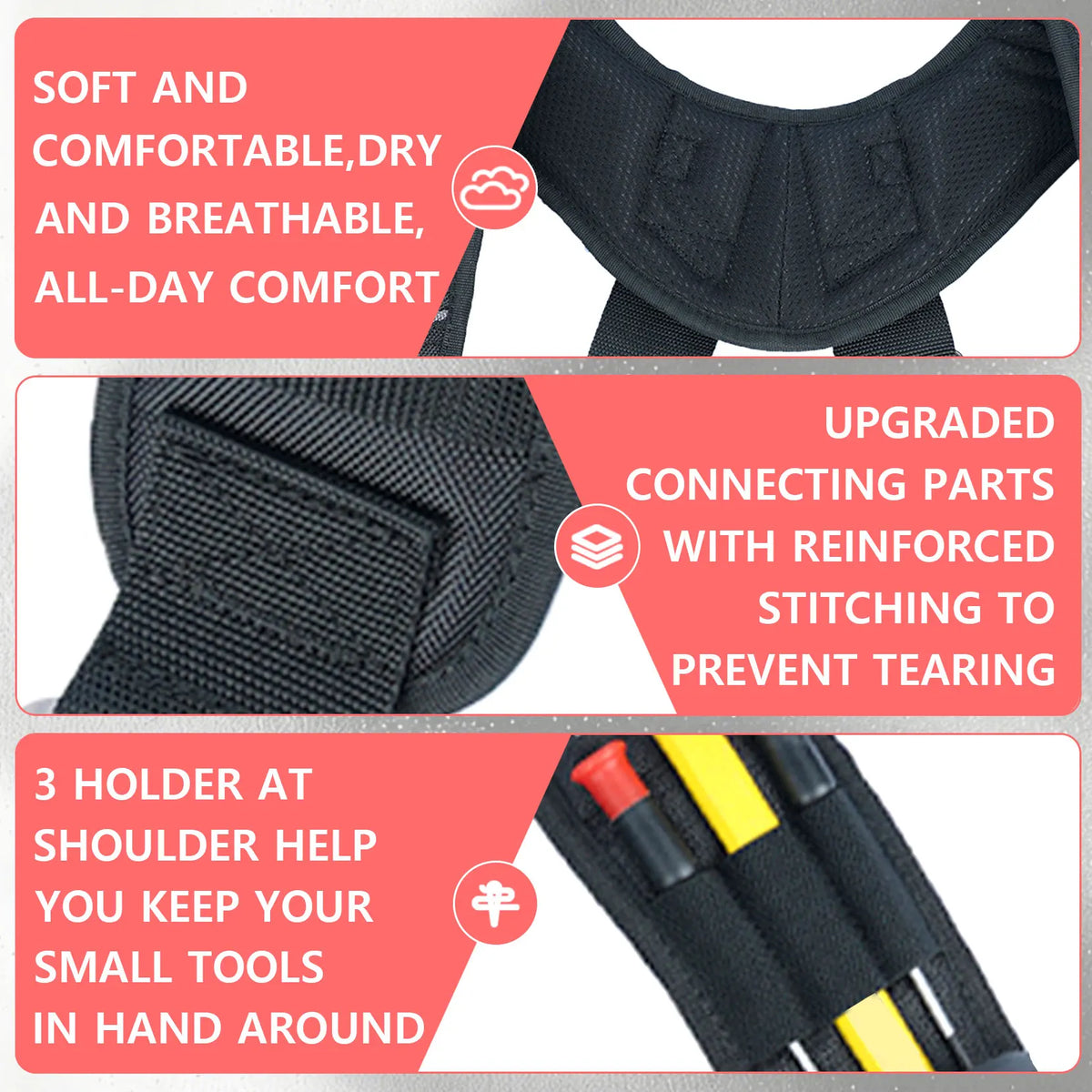 Black heavy-duty tool belt suspenders featuring soft, breathable material and reinforced stitching for durability.