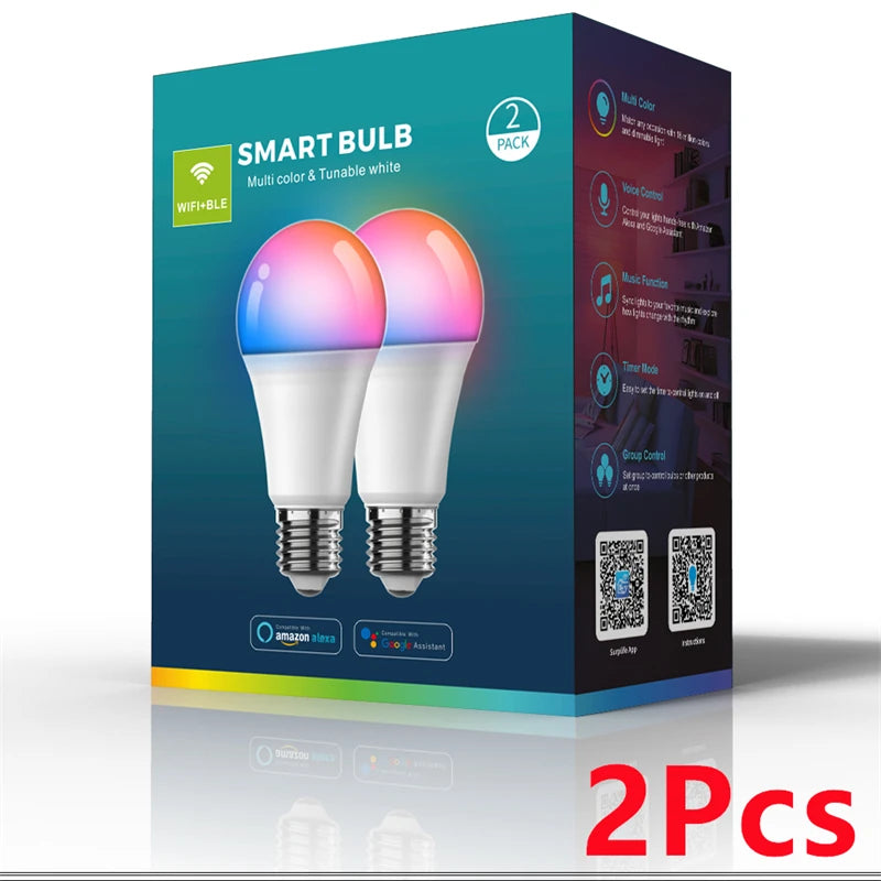 A box containing two white smart LED bulbs with a WiFi connection and dimmable spotlight features.