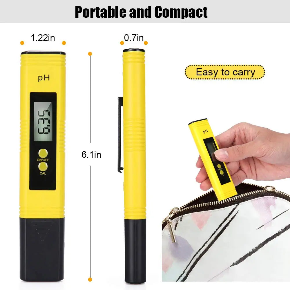 A yellow portable digital pH meter with a black base is shown next to a hand holding it inside a zippered pouch.