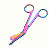 A pair of rainbow titanium suture removal scissors with iridescent blades.