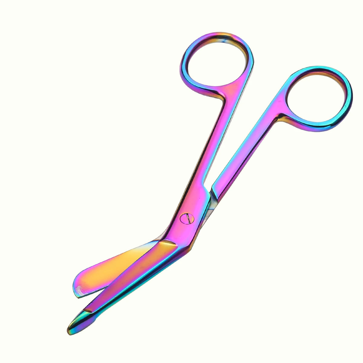 A pair of rainbow titanium suture removal scissors with iridescent blades.