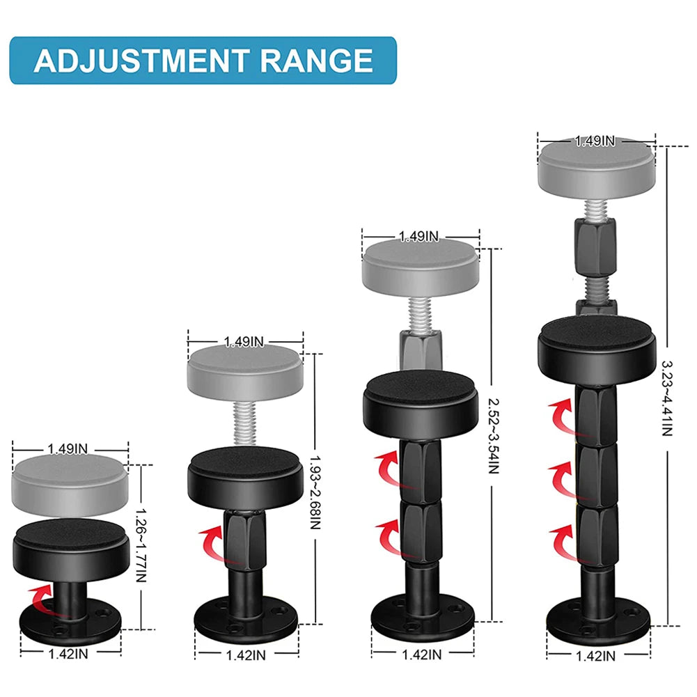 A set of adjustable threaded bed frame anti-shake tools in black and gray showing various adjustment ranges.