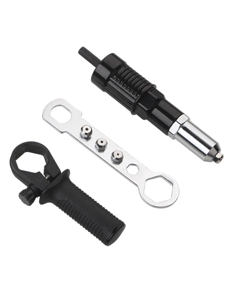 A professional electric rivet nut gun with a black handle and silver tip and a separate rivet nut.
