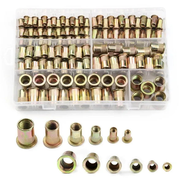 A plastic tray containing a kit of zinc plated flat head rivet nuts.