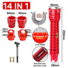 A red 14-in-1 multi-functional plumbing wrench set with various sizes and accessories shown in detail.