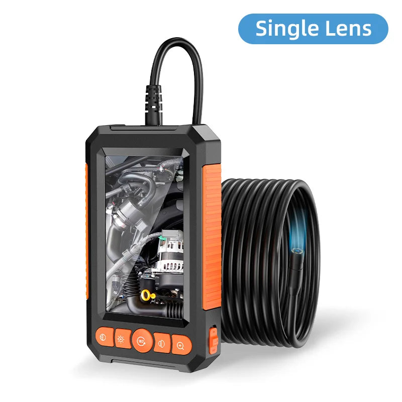 An industrial waterproof borescope inspection camera with a single lens and coiled cable.