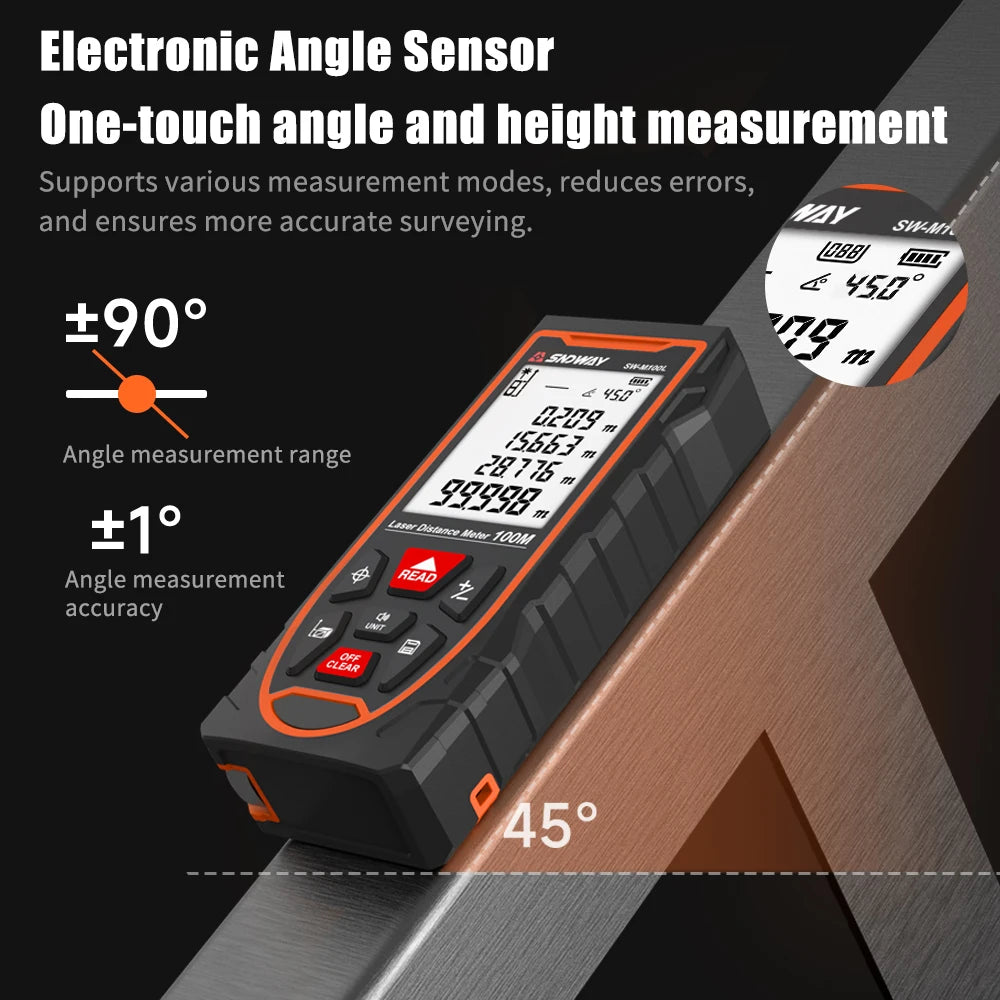 Electronic angle sensor device measuring an angle and height on a wooden surface.