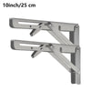 Silver steel folding shelf brackets designed for workbench use.