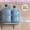 Two blue water bottles are supported by steel shelf brackets, demonstrating a maximum load bearing capacity of 330 lbs.