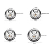 Heavy duty stainless steel round padlock with various dimensions shown for reference
