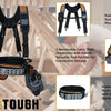 A black tool belt with padded suspenders and storage pockets is shown, featuring removable carry organizers and mesh padded t