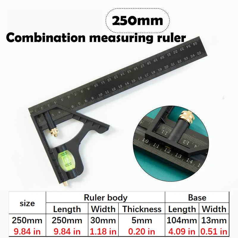 A combination measuring ruler set showing a 250mm ruler and a base with various dimensions in millimeters and inches.