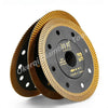 A close-up view of a precision diamond saw blade disc with a textured edge and a central hole.