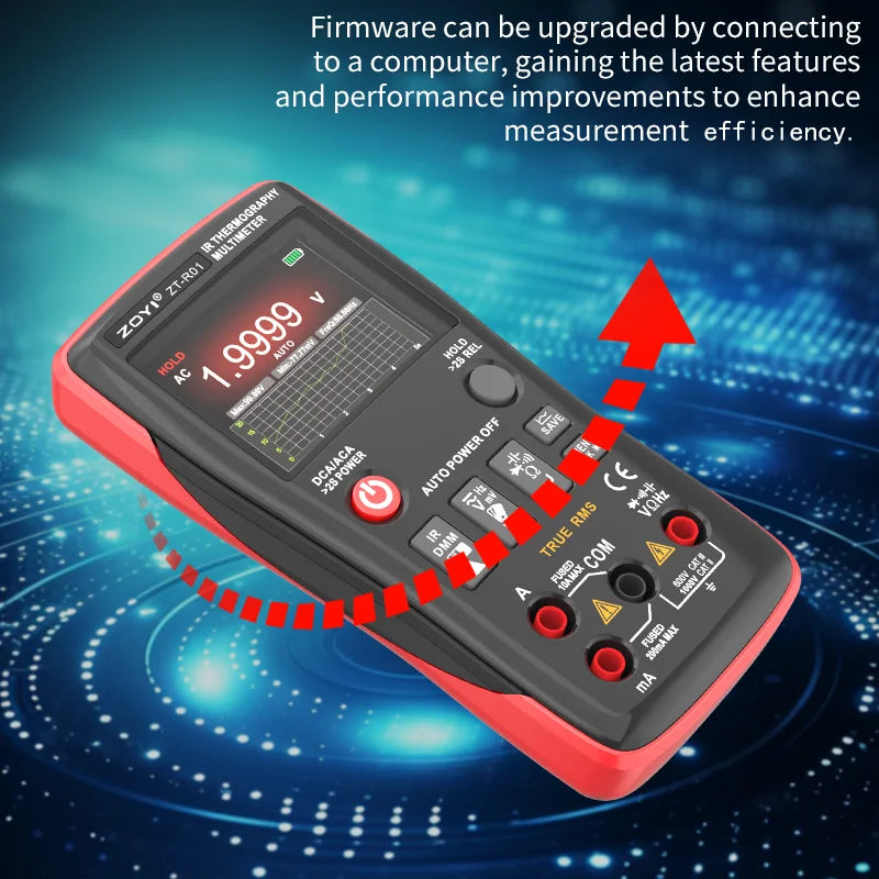Rotes ZOY® IT-R01 Multimeter und Wärmebildgerät mit Firmware-Upgrade-Beschreibung