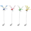 Four realistic dragonfly clips in blue, red, green, and yellow are displayed on thin wires.