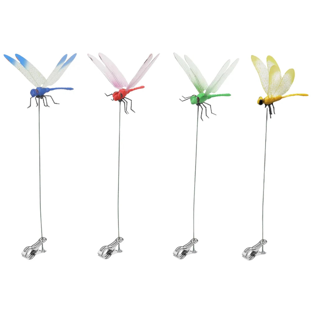 Four realistic dragonfly clips in blue, red, green, and yellow are displayed on thin wires.