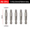 A set of five 1/4 inch socket adapters, 50mm long, in grey finish.