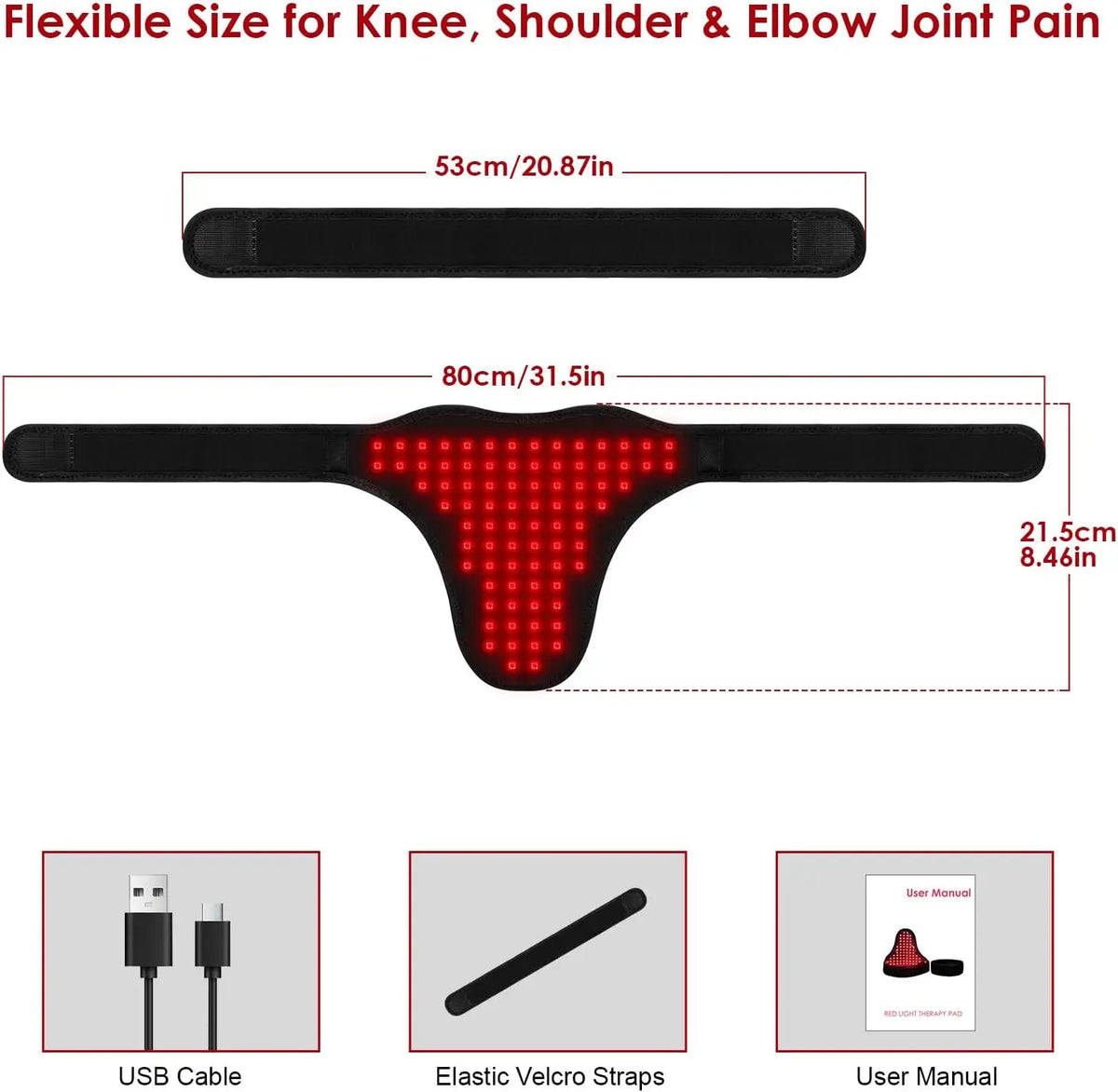 Black infrared therapy massage belt with USB cable and elastic velcro straps shown alongside a user manual.