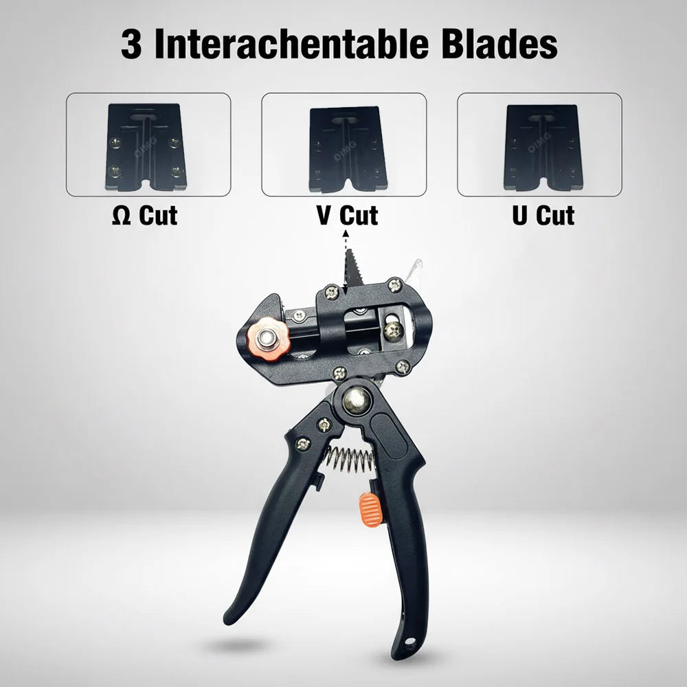 A professional grafting and pruning set featuring three interchangeable blades: Ω Cut, V Cut, and U Cut.