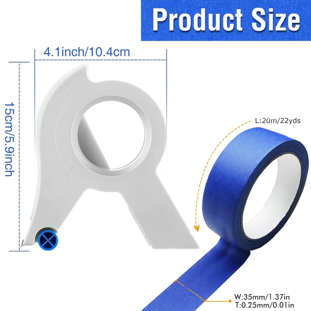 A white painter's masking tape applicator with a blue tape roll and dimension markings.