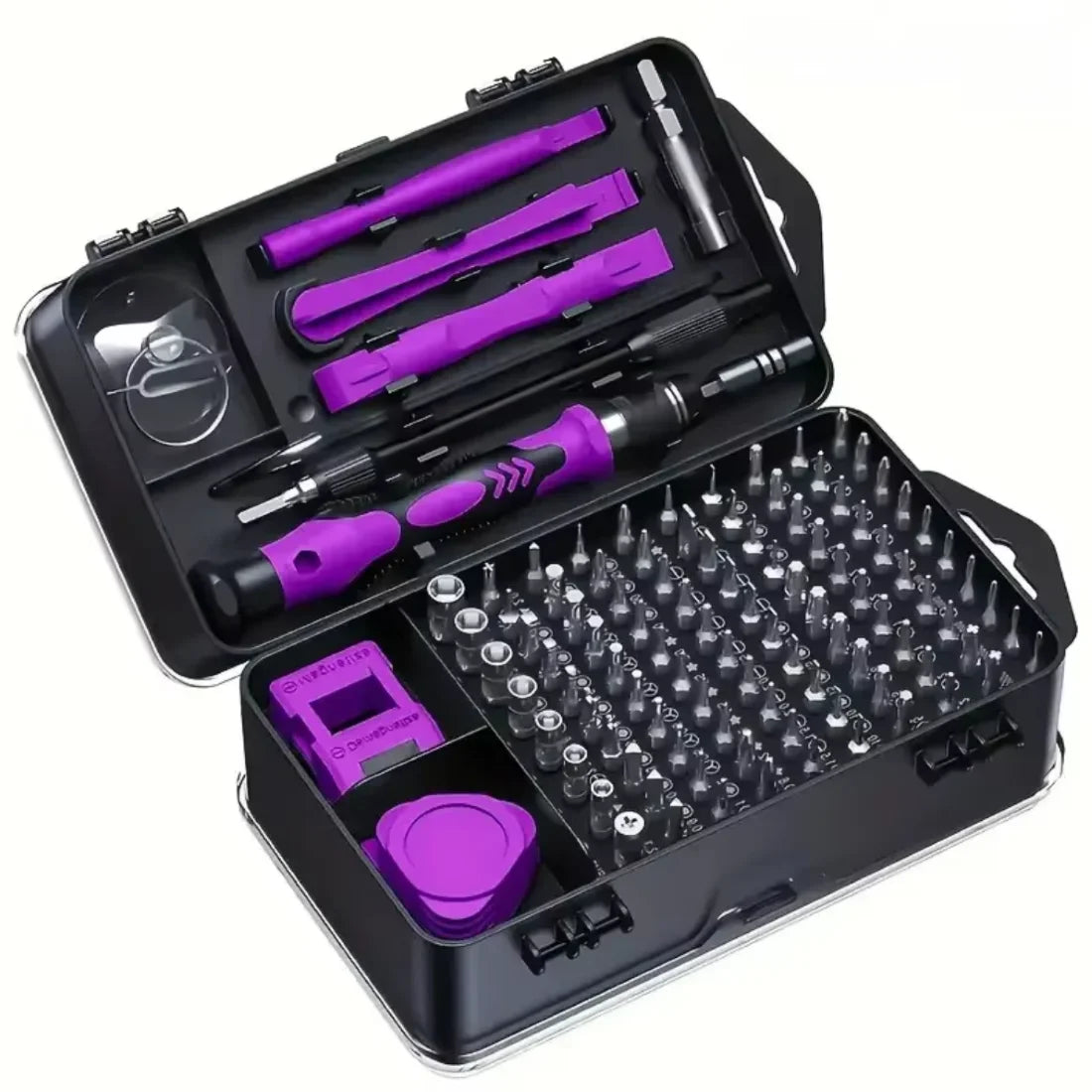 A black precision electronic repair tool kit with purple tools and components inside.