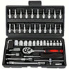 A black repair kit containing 46 pieces of sockets, wrenches, and screwdrivers for tool repair.