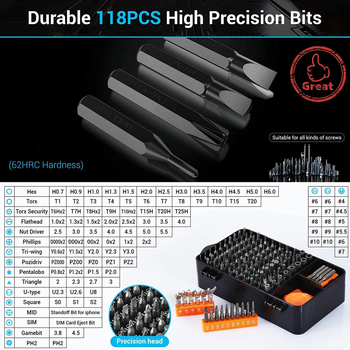 A set of 118 precision bits and a screwdriver kit for repairing various screws.