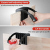 A hand is using an expand self-adjusting clamp to fix a sheet of wood, demonstrating the tool's function.
