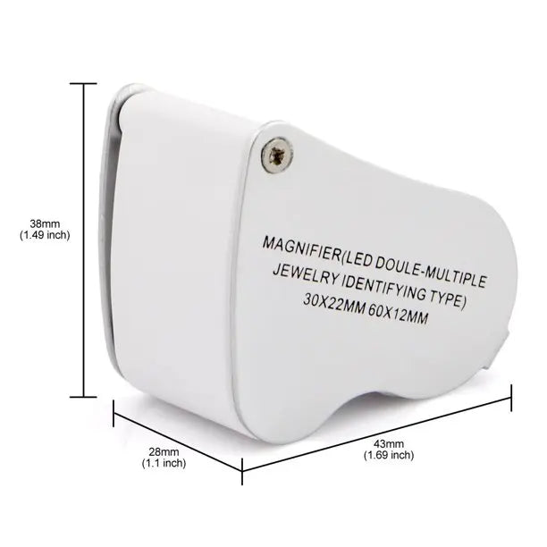 A white foldable LED magnifier for jewelry and coin inspection, shown with dimensions.