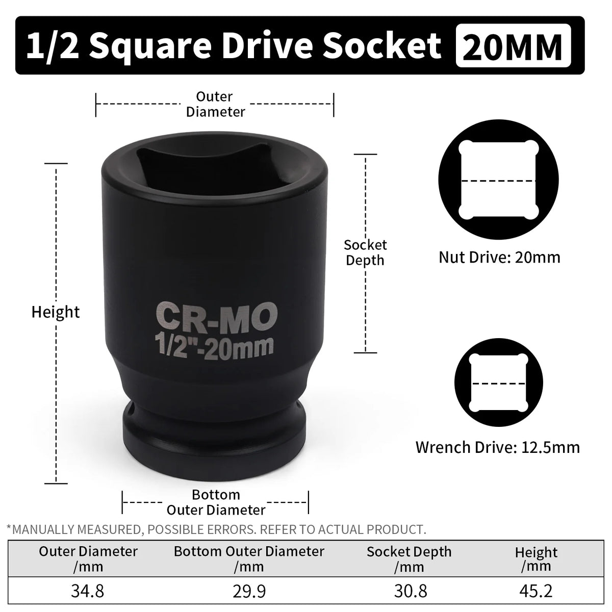 A black 1/2 square drive socket with a 20mm nut drive and various dimensions shown.