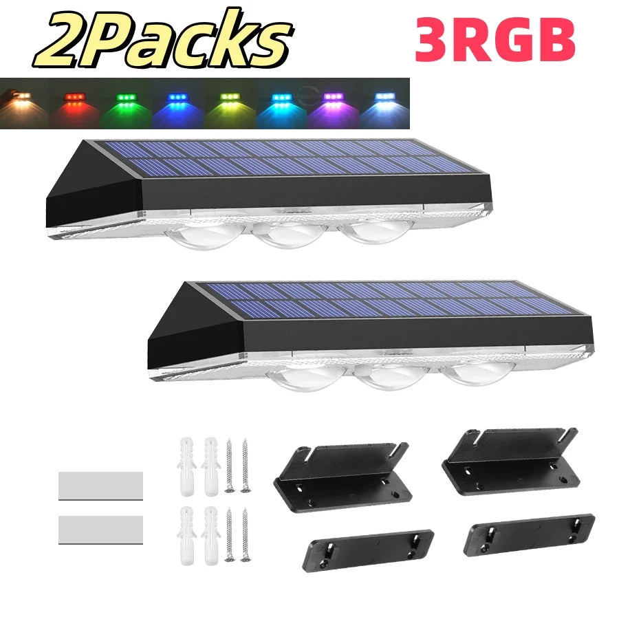 Deux paires de lumières extérieures pour terrasse et clôture, alimentées par énergie solaire, avec panneaux et luminaires.