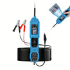A blue digital multimeter probe is shown measuring electrical components, with a separate probe connected to a device.