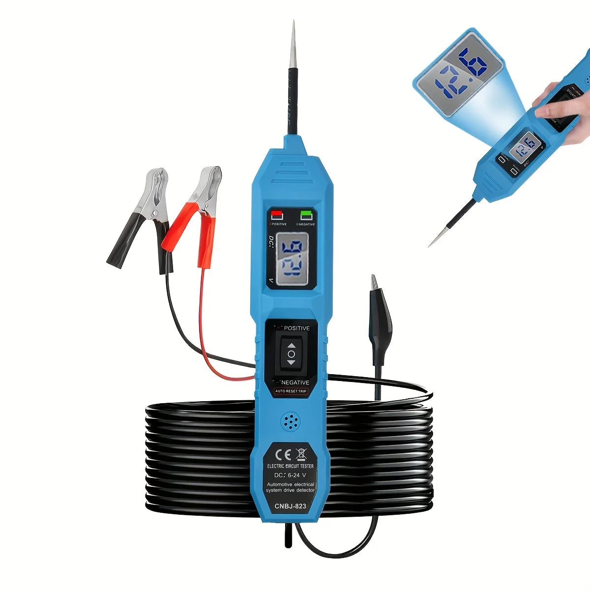 A blue digital multimeter probe is shown measuring electrical components, with a separate probe connected to a device.