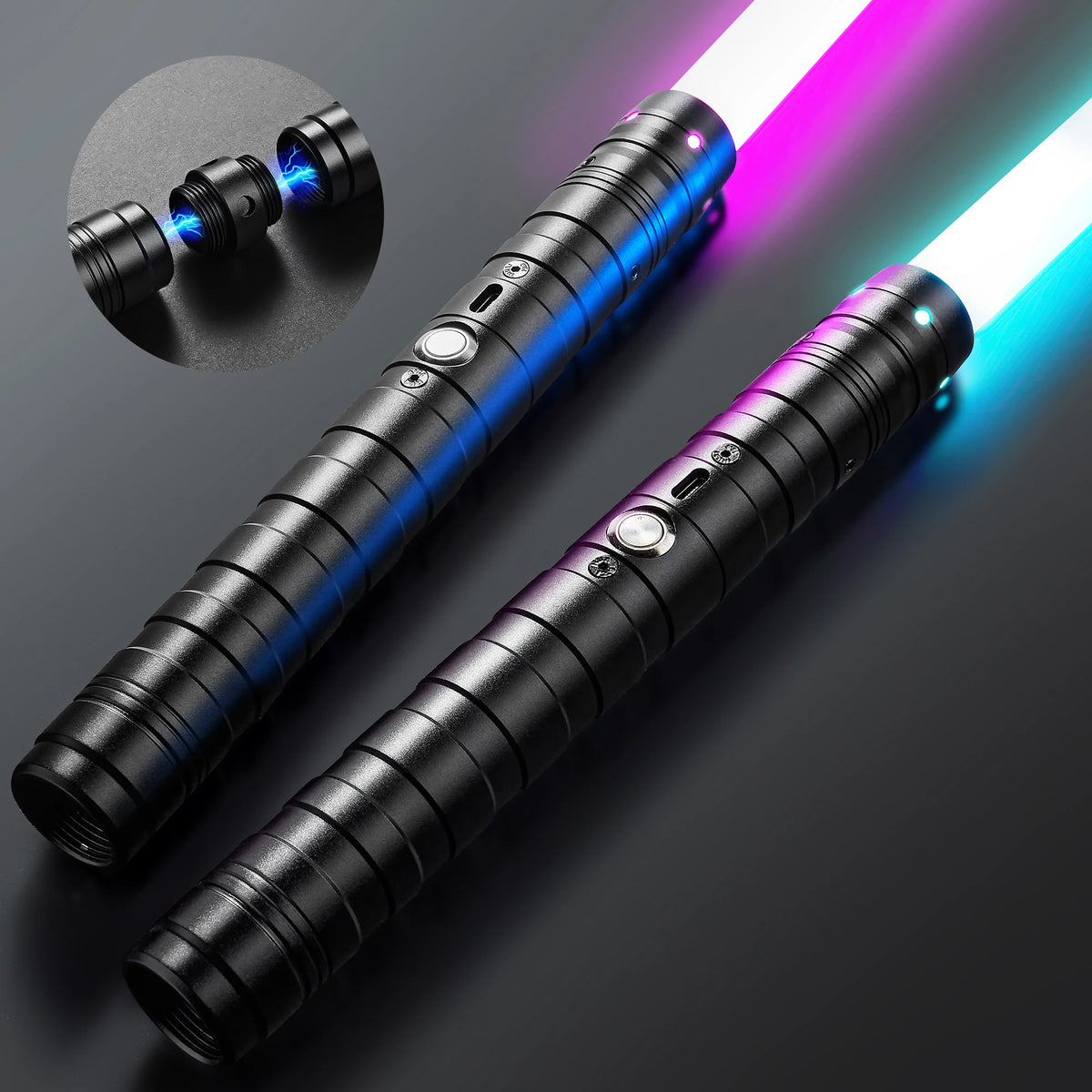 A black lightsaber with a glowing blue blade and purple light effects is shown against a dark background.