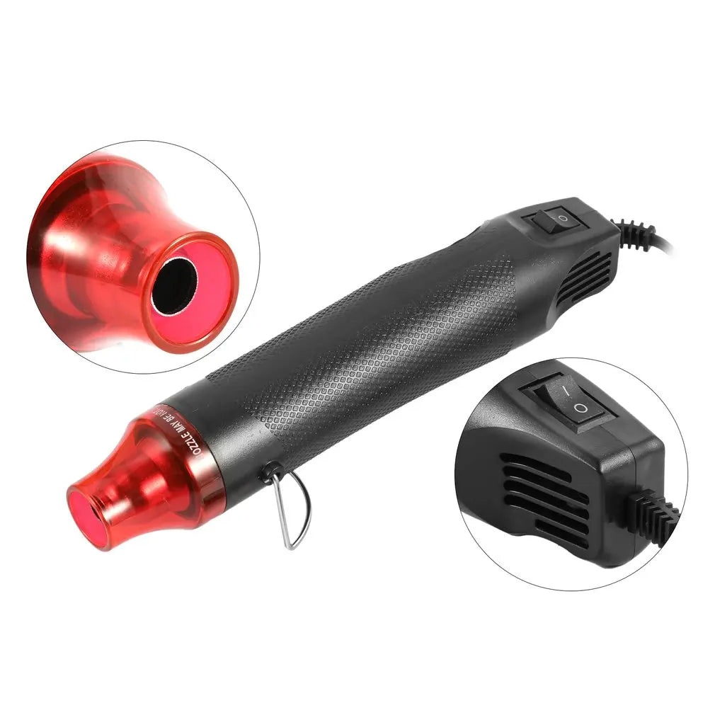 Pistolet chauffant noir réglable avec buse rouge et cordon d'alimentation, vues rapprochées de la pointe et du corps principa