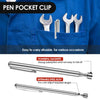 A silver telescopic magnetic pickup tool is shown being used to clip a pen in a blue shirt pocket.