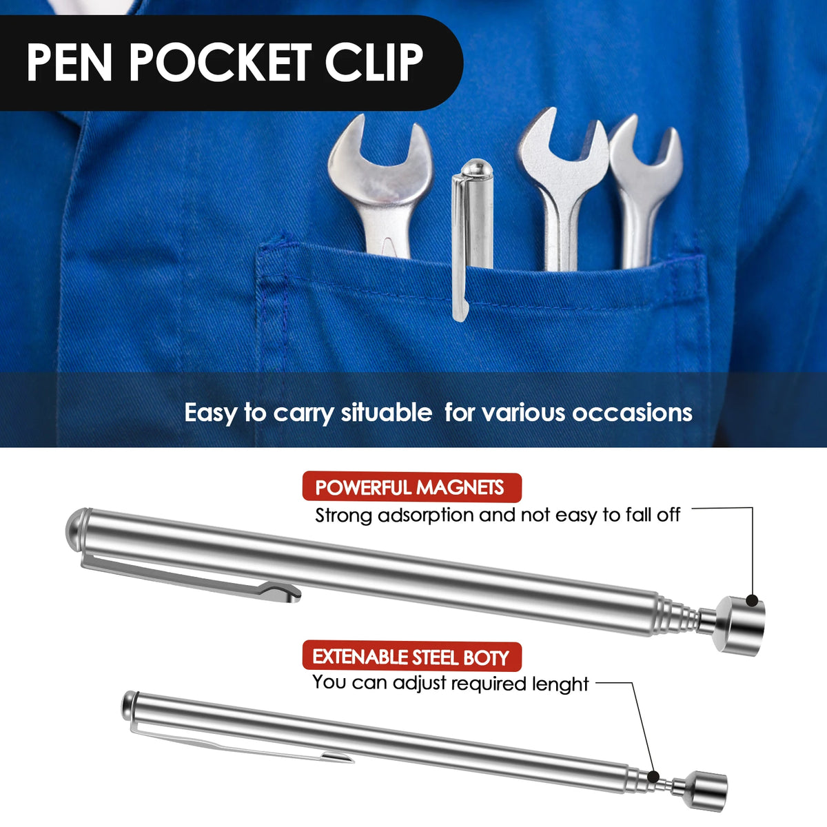 A silver telescopic magnetic pickup tool is shown being used to clip a pen in a blue shirt pocket.