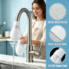 A woman is using a stainless steel faucet filter on a kitchen sink, demonstrating the dense mesh weave and heat-sealed edge f