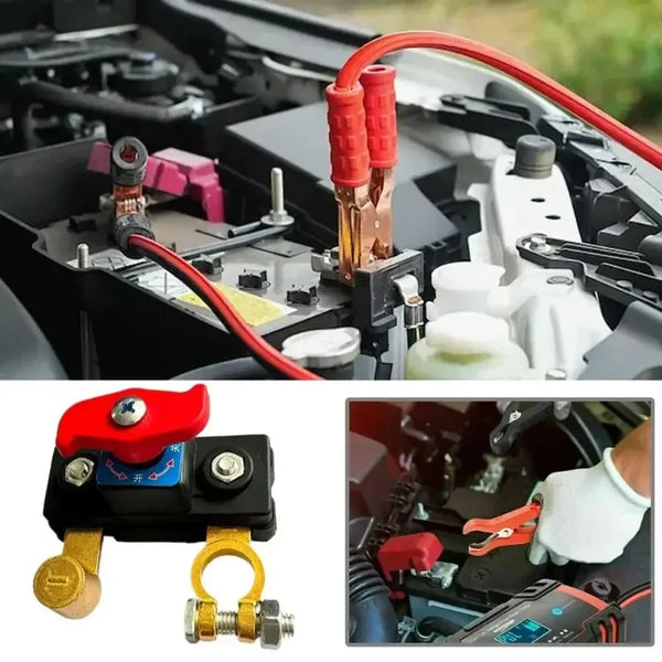 A red dual voltage battery disconnect switch with a yellow loop and silver connector is shown next to an automotive electrica