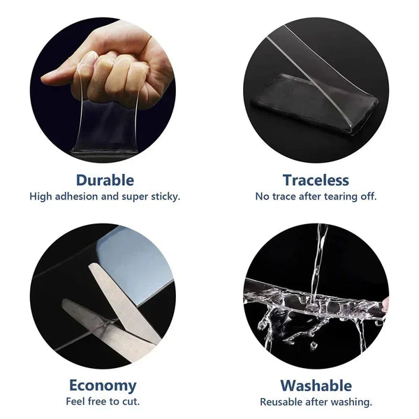 Image showing features of extra strong double-sided mounting tape including durability, traceless application, economy, and w