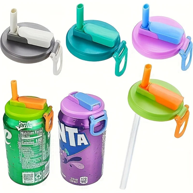 A set of reusable drink can lids and straws in various colors including gray, teal, and purple.