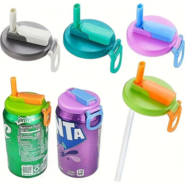 A set of reusable drink can lids and straws in various colors including gray, teal, and purple.