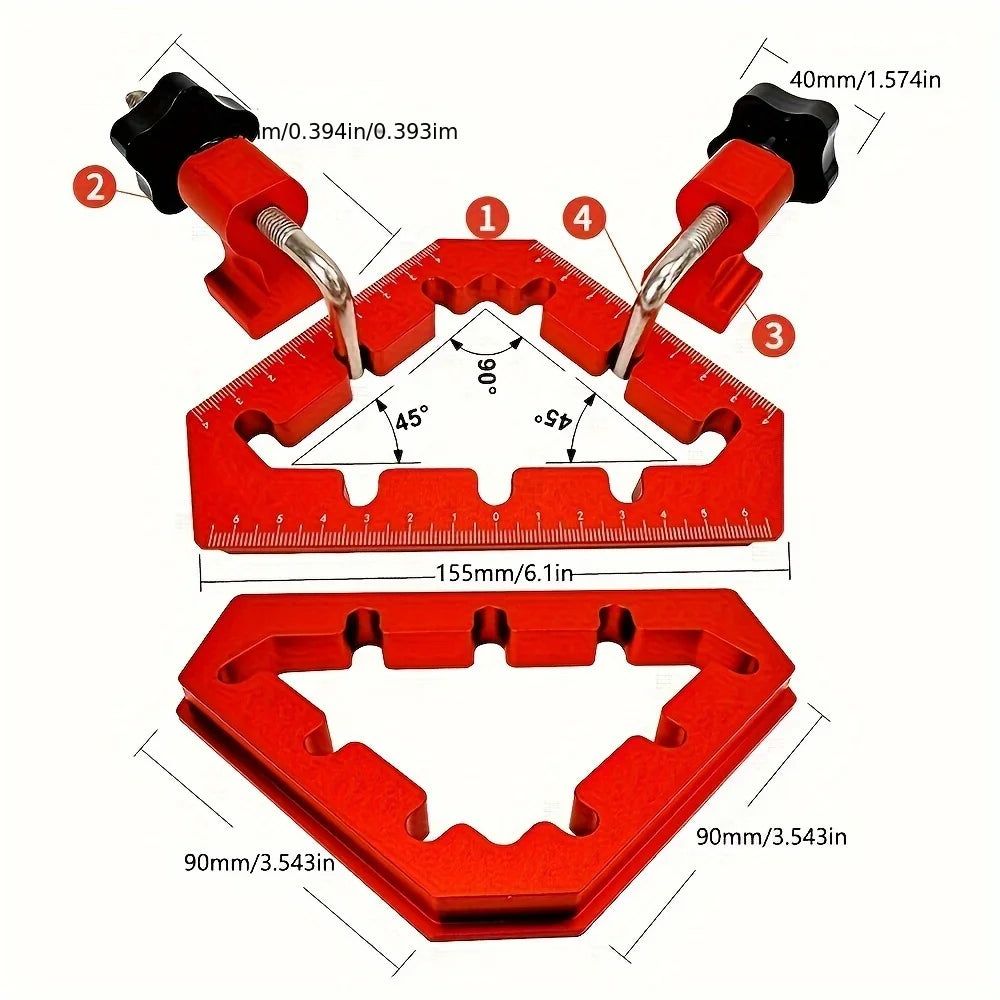 Red L-shaped angle splicing fixture with mounting points and measurement markings for woodworking