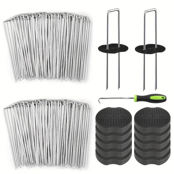 A set of 6-inch hot-dip galvanized landscape staples, including individual stakes and stacked round staples.