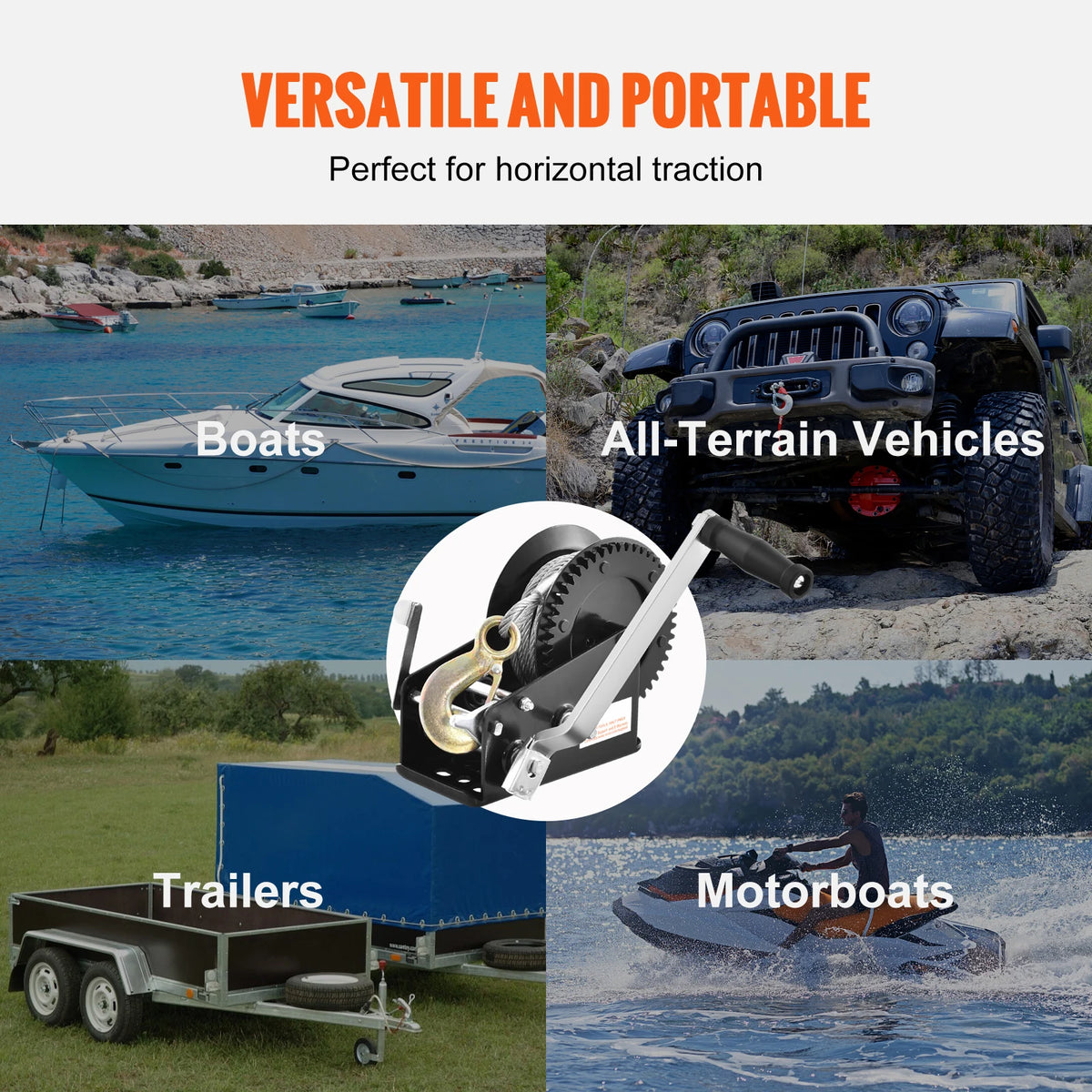 A heavy duty hand winch with a steel cable and two-way ratchet is shown in various contexts including boats, all-terrain vehi